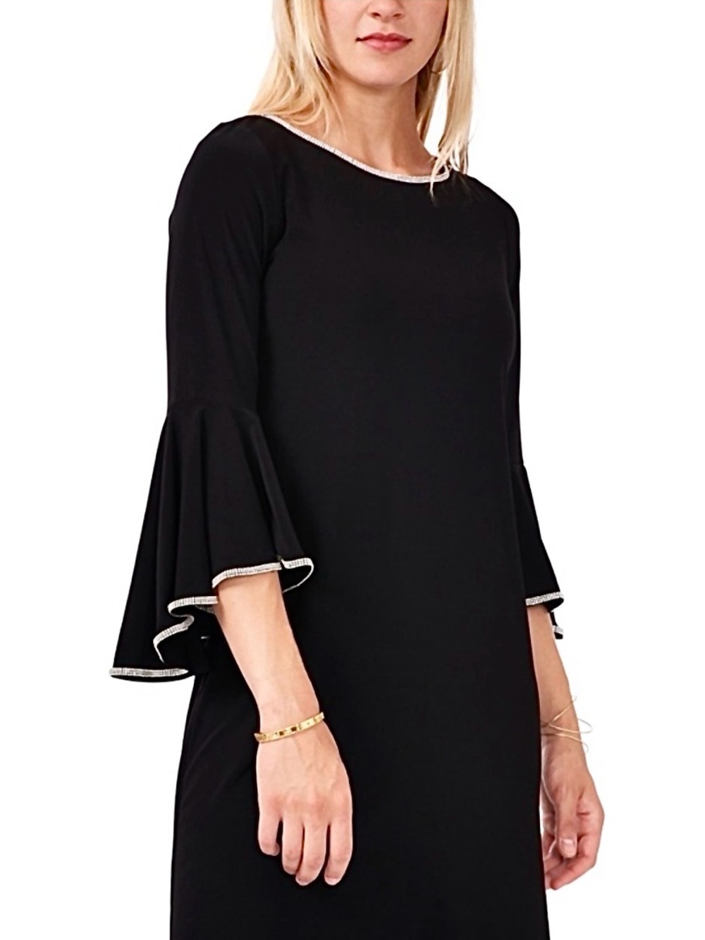 MSK Women’s Black Formal Rhinestone Trim Bell-Sleeve A Line Dress Size L NWOT